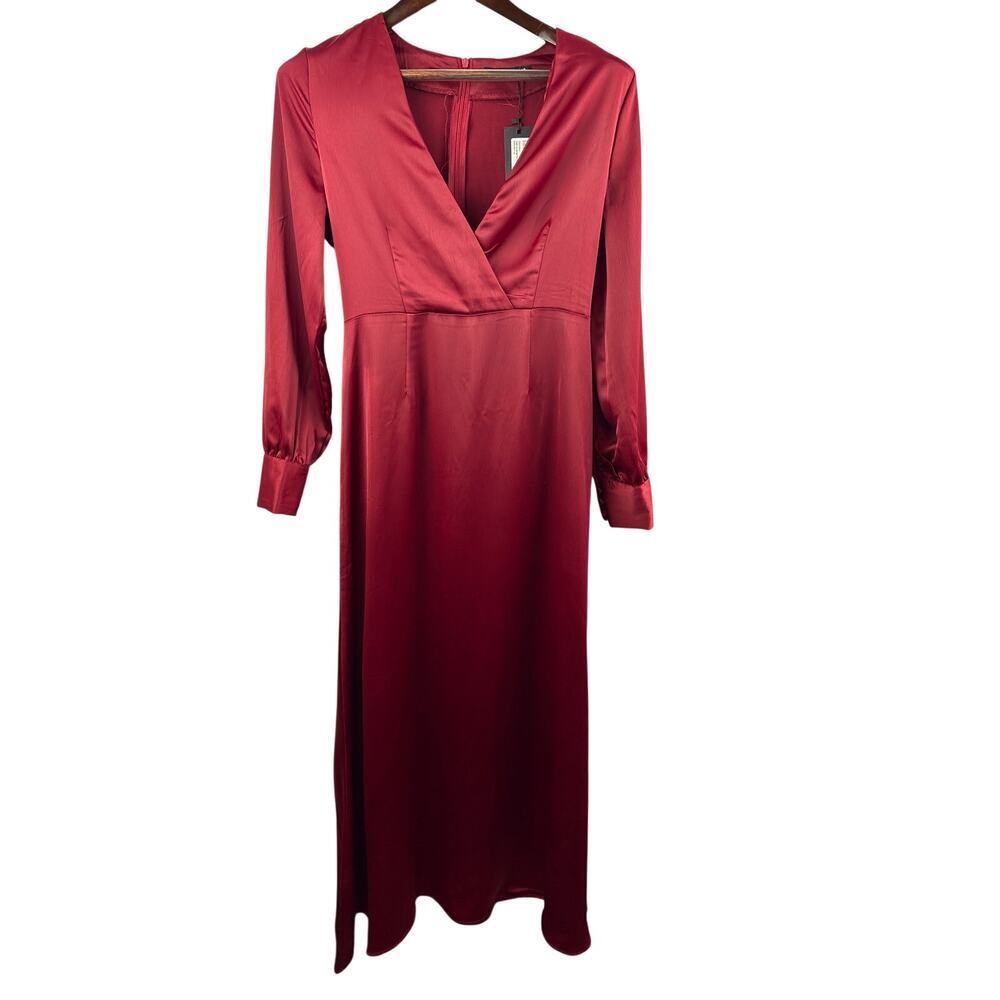 Women’s Nasty Gal Size 6 Ruby Red Satin Long Sleeve Maxi Dress
